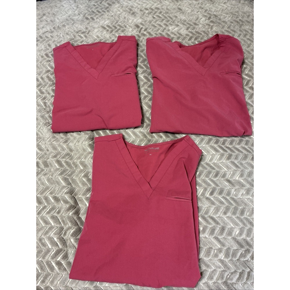 Mandala XL Red Pink Raspberry Color Scrub Tops Lot Of 3 Pocket Nurse Vet Tech